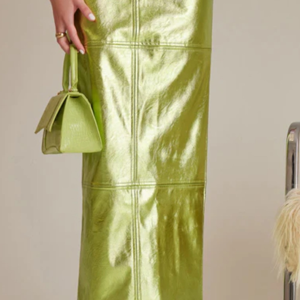 Faux Leather Metallic Maxi Skirt - Neon Olive